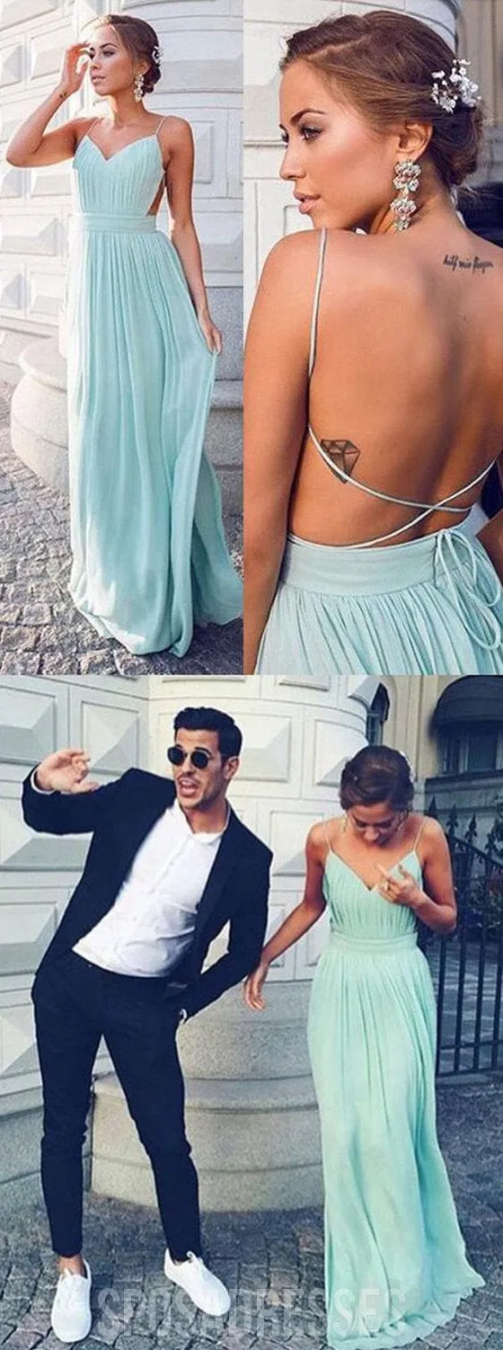 Chiffon Open Back Tiffany Blue Dress, Junior Sexy Long Wedding Party Dresses, WG50