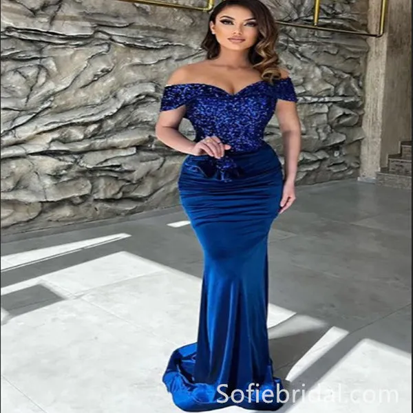 Classy Blue Sequins Sweetheart Off-the-shoulder Floor-length Column Prom Dresses,SFPD0197