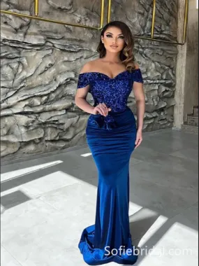 Classy Blue Sequins Sweetheart Off-the-shoulder Floor-length Column Prom Dresses,SFPD0197