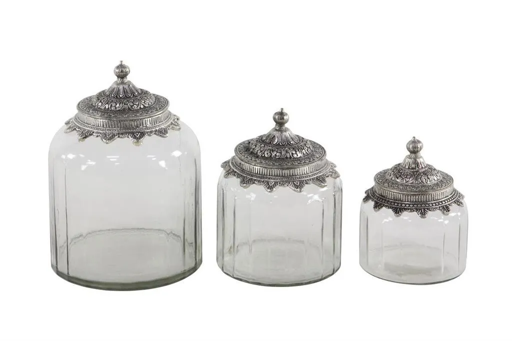 CLEAR GLASS DECORATIVE JARS WITH ENGRAVED SILVER LIDS