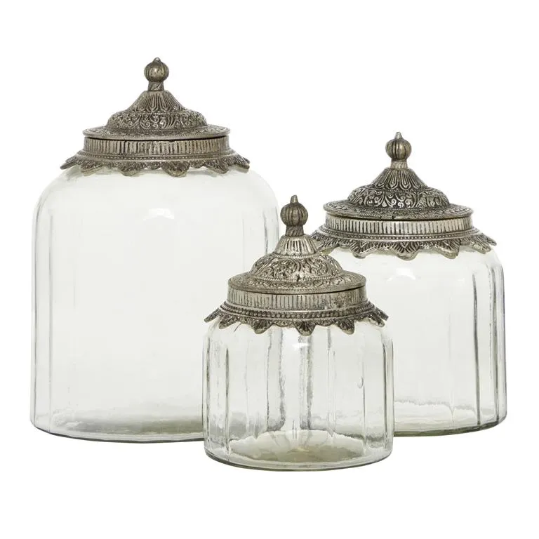 CLEAR GLASS DECORATIVE JARS WITH ENGRAVED SILVER LIDS