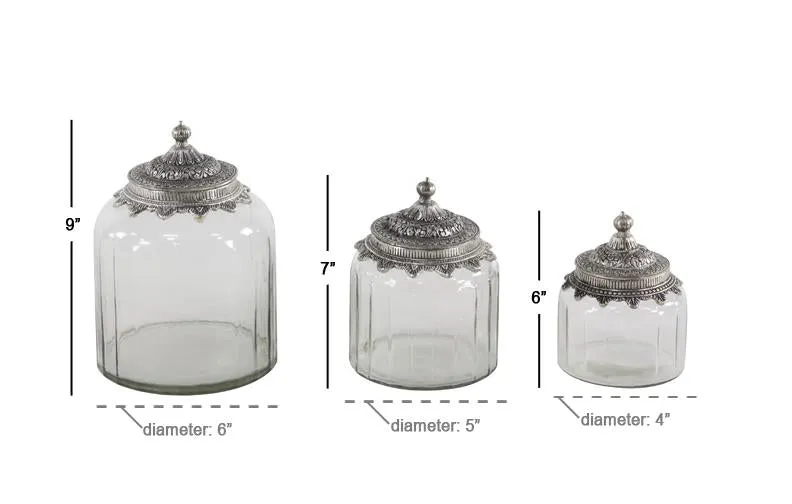 CLEAR GLASS DECORATIVE JARS WITH ENGRAVED SILVER LIDS