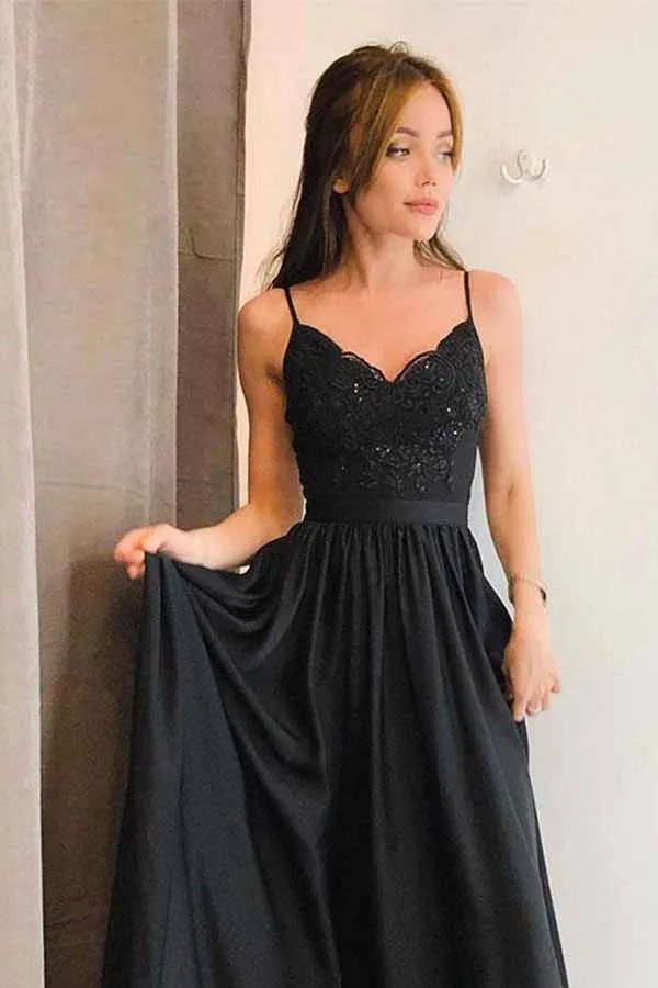 Cute Chiffon Black A Line V Neck Split Long Prom Dresses with Appliques, SP370