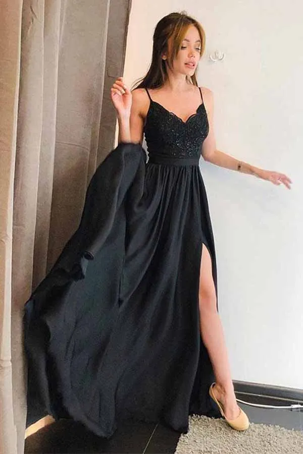 Cute Chiffon Black A Line V Neck Split Long Prom Dresses with Appliques, SP370