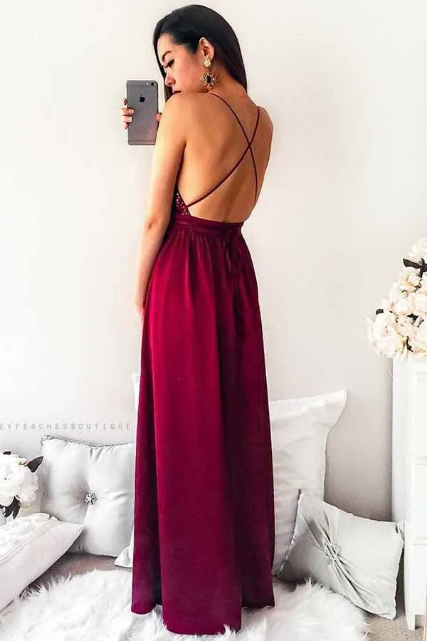 Dark Red Spaghetti Straps Pleated Long Prom Dress with Sequins, Party Dress, M275