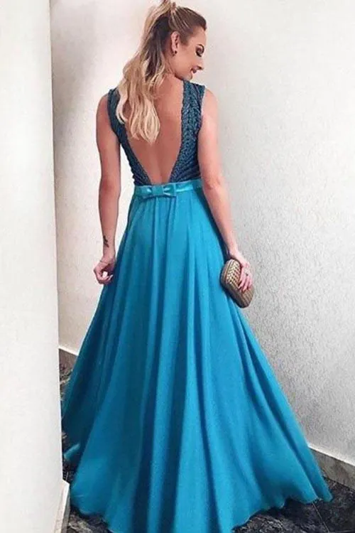 Deep V neck A line Blue Satin Backless Long Prom Dresses Evening Gowns, M312