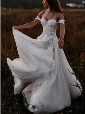 Elegant Off Shoulder Applique Tulle Wedding Dress, WD0483