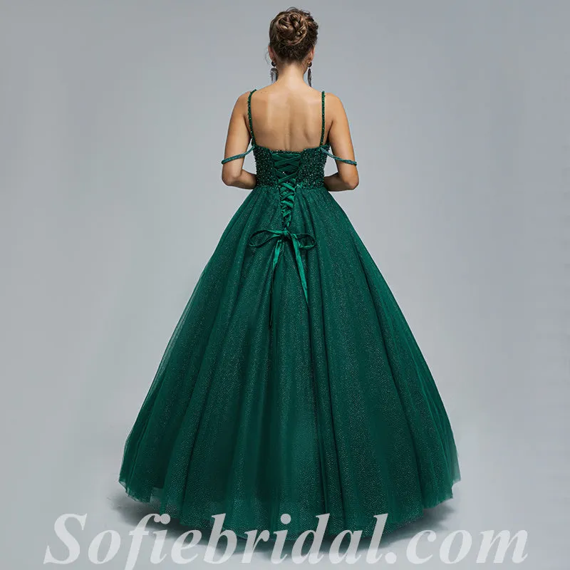 Elegant Sequin Top Tulle Bottom Lace Up Back A-Line Long Prom Dresses,SFPD0346