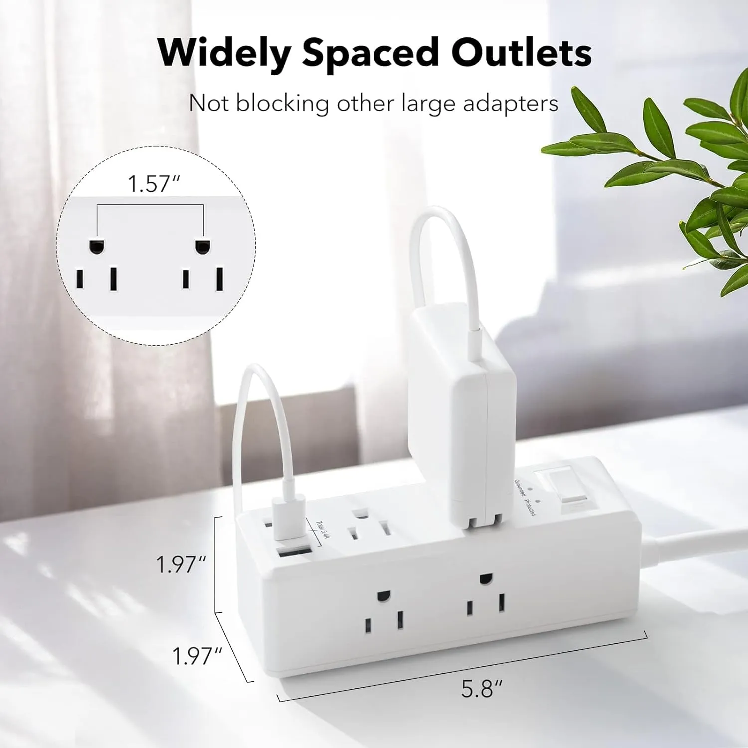 Fast Charging 6 Outlets Surge Protector Flat Plug Power Strip 5FT Extension Cord Bn-link