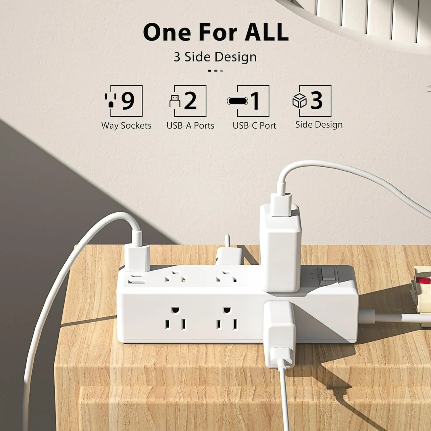 Fast Charging 9 Outlets Surge Protector Flat Plug Power Strip 5FT Extension Cord Bn-link