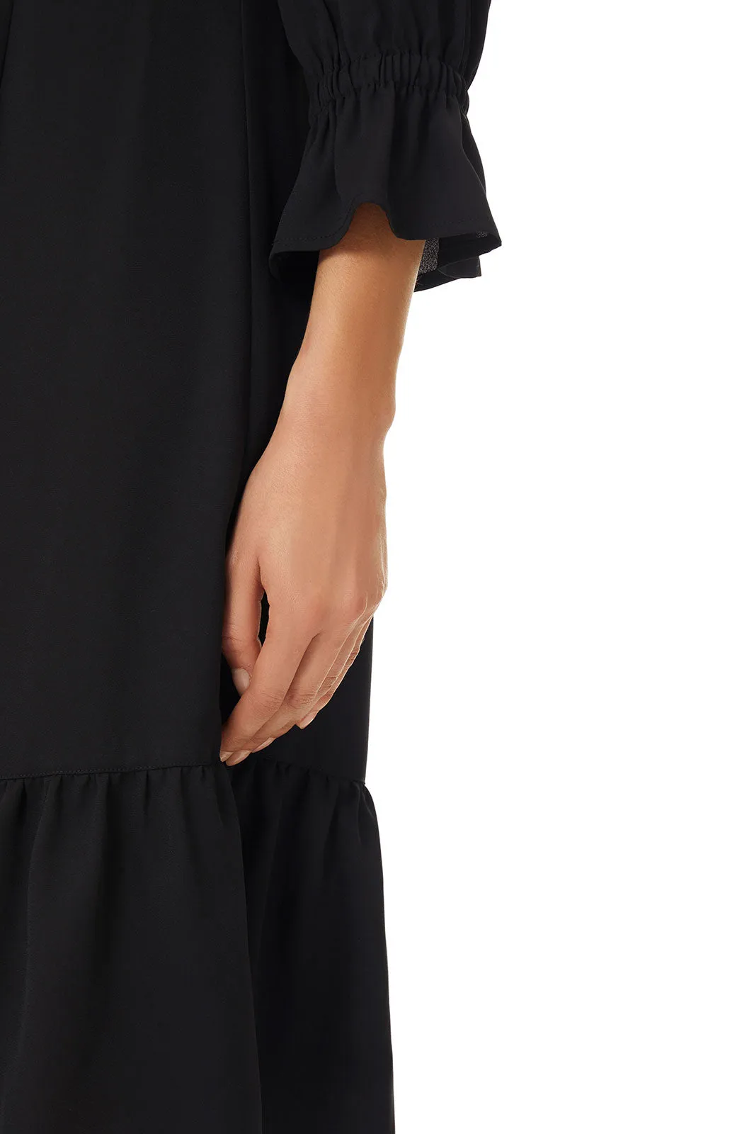 Flounce Hem Gathered Sleeve Crepe de Chine Dress, Black