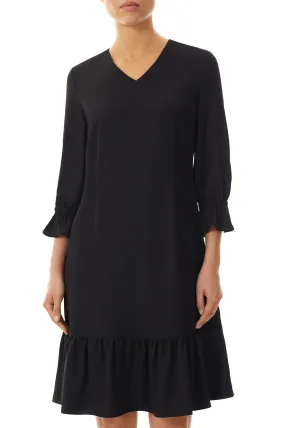 Flounce Hem Gathered Sleeve Crepe de Chine Dress, Black