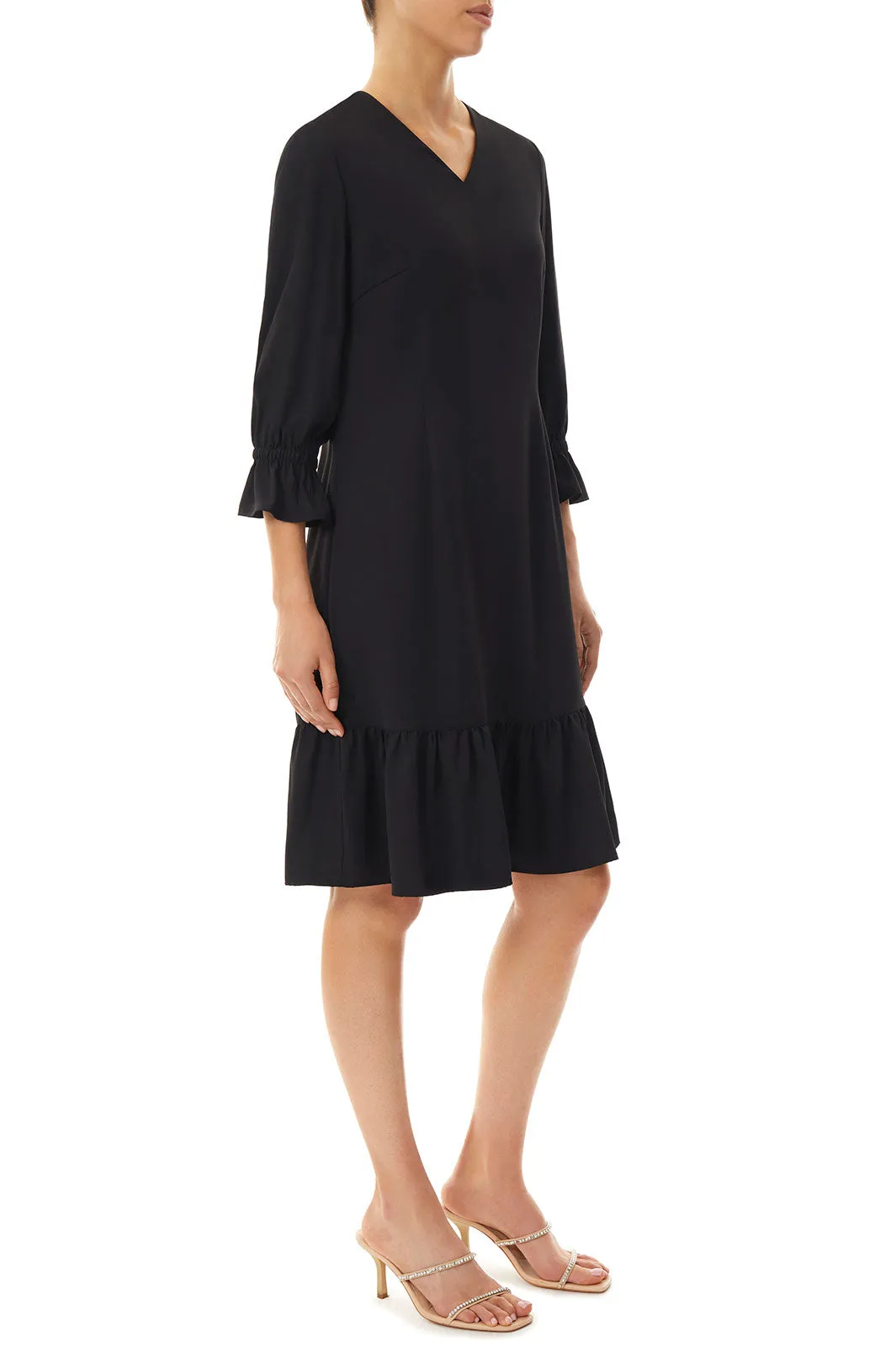 Flounce Hem Gathered Sleeve Crepe de Chine Dress, Black