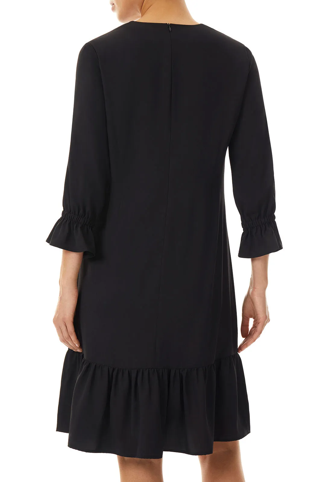 Flounce Hem Gathered Sleeve Crepe de Chine Dress, Black