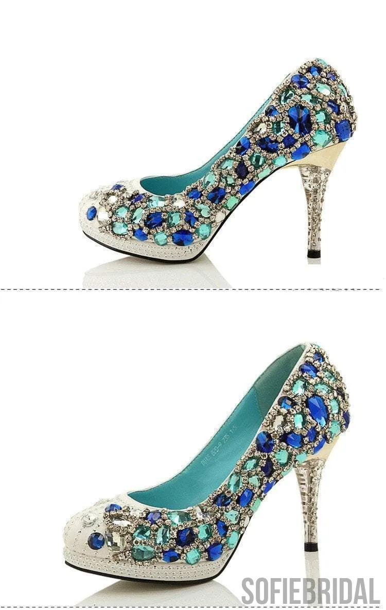 Four Colors Handmade Rhinestone High Heels Pointed Toe Crystal Wedding Shoes, S028