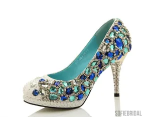 Four Colors Handmade Rhinestone High Heels Pointed Toe Crystal Wedding Shoes, S028