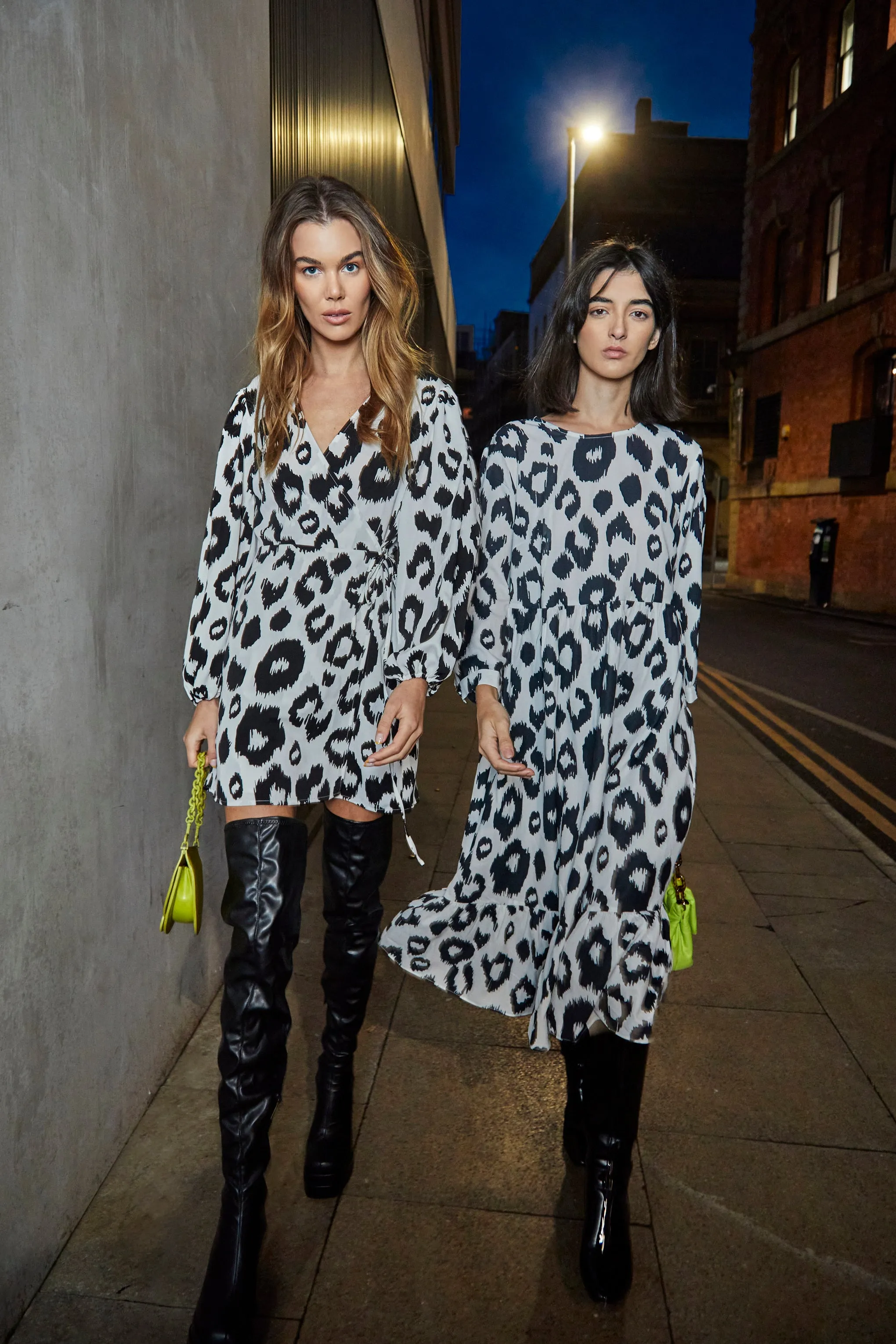 Glamorous Black White Leopard Midi Long Sleeve Wrap Dress