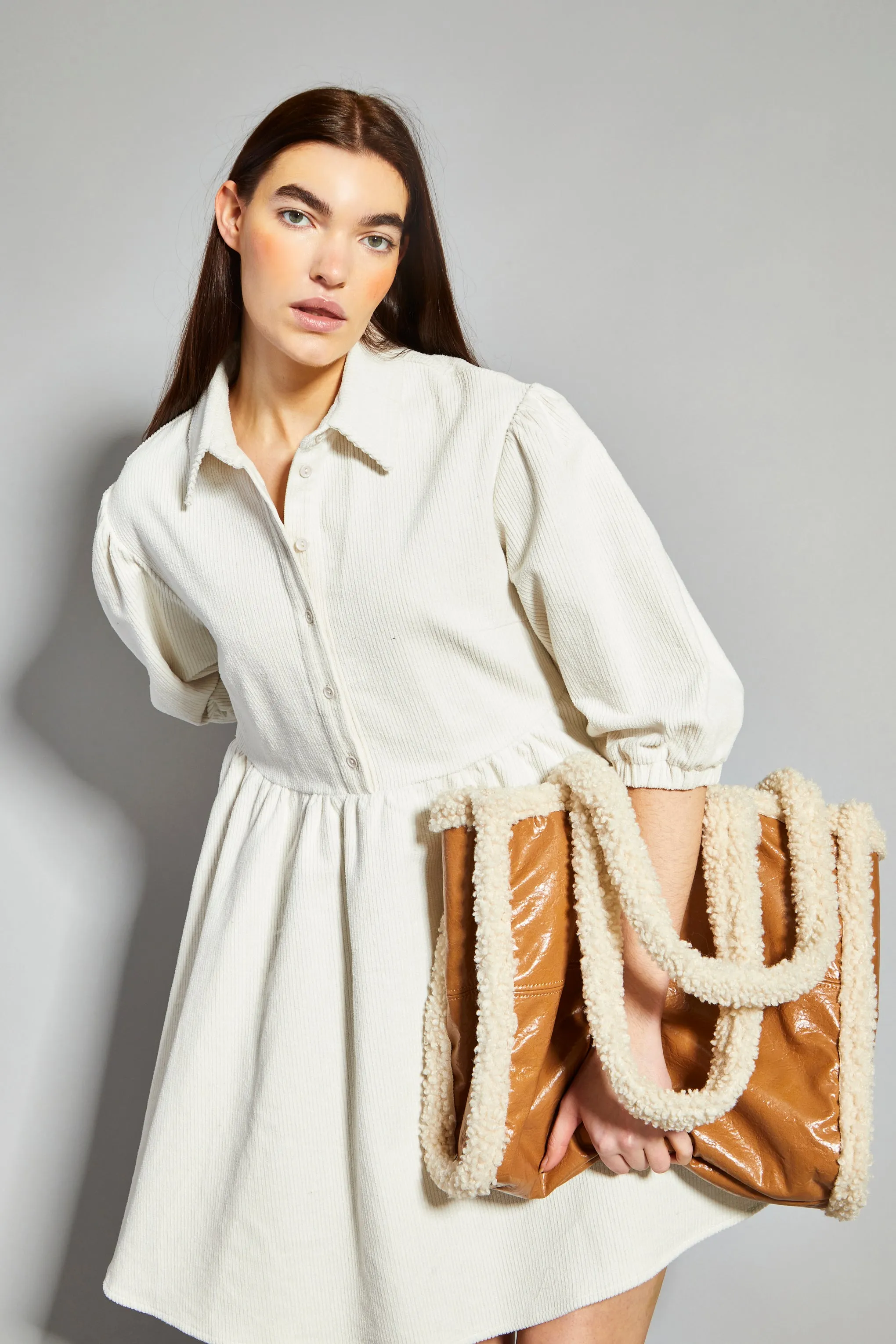 Glamorous Cream Corduroy Puff Sleeve Skater Shirt Dress