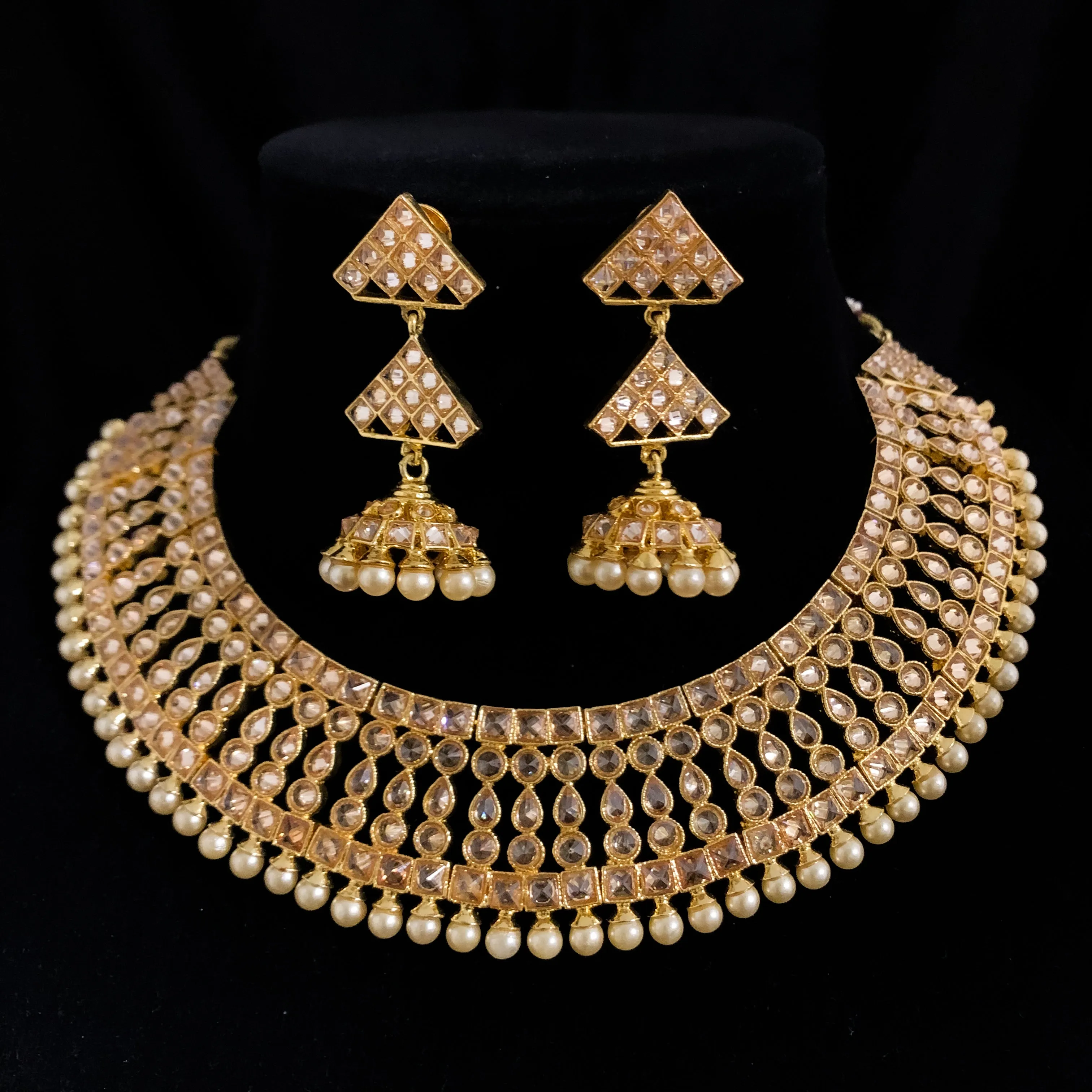 Gorgeous Antique Gold plated Bridal Necklace Set with LCD Champagne stones and Jumka