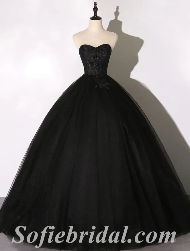 Gorgeous Black Lace And Tulle Sweetheart Sleeveless A-Line Long Prom Dresses/Ball Gown,SFPD0515