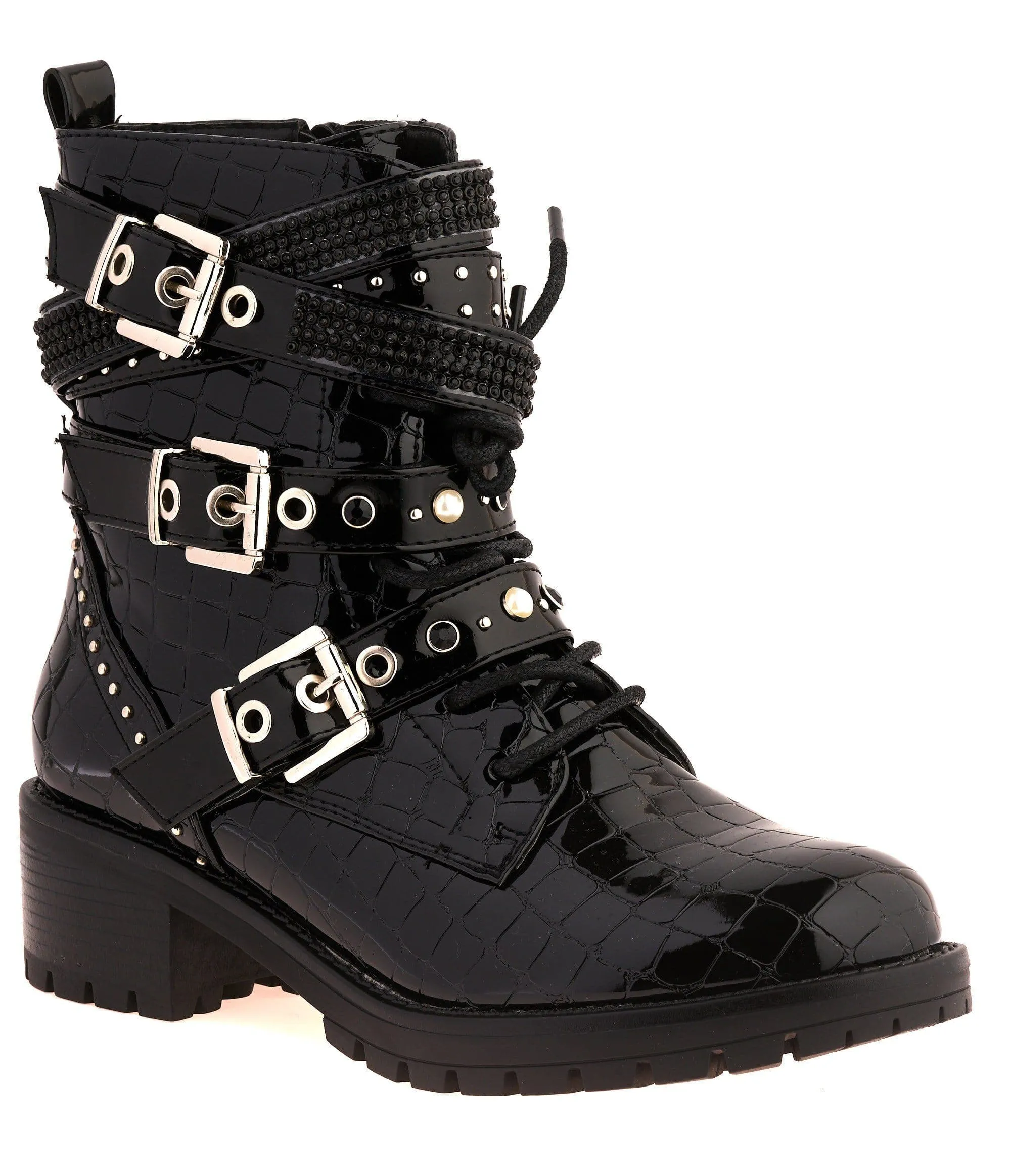 Hailey Diamante Crossover Laceup Biker Boot in Black Croc