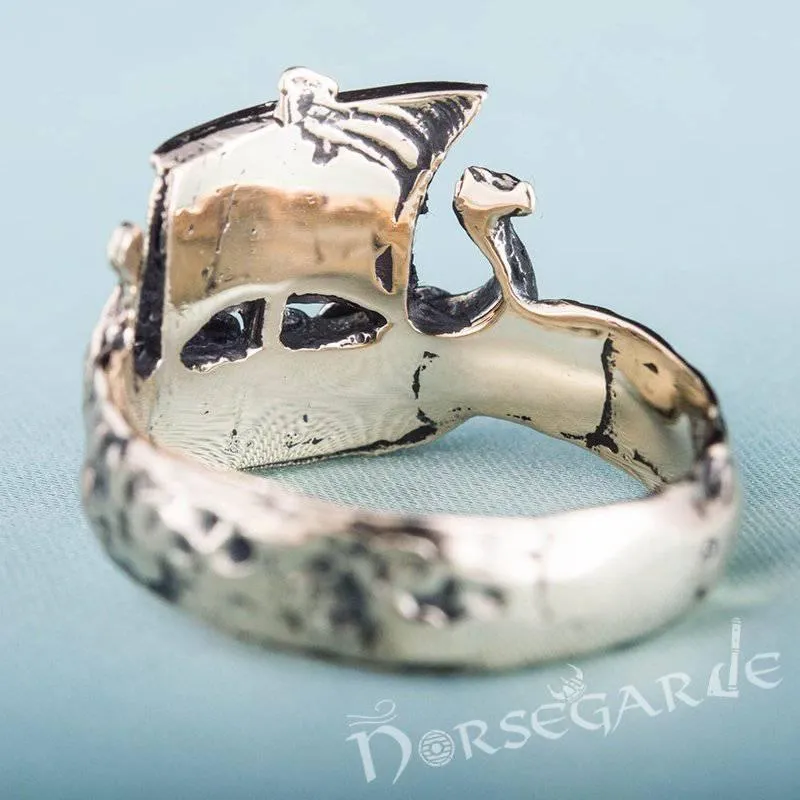 Handcrafted Drakkar Figurine Ring - Bronze