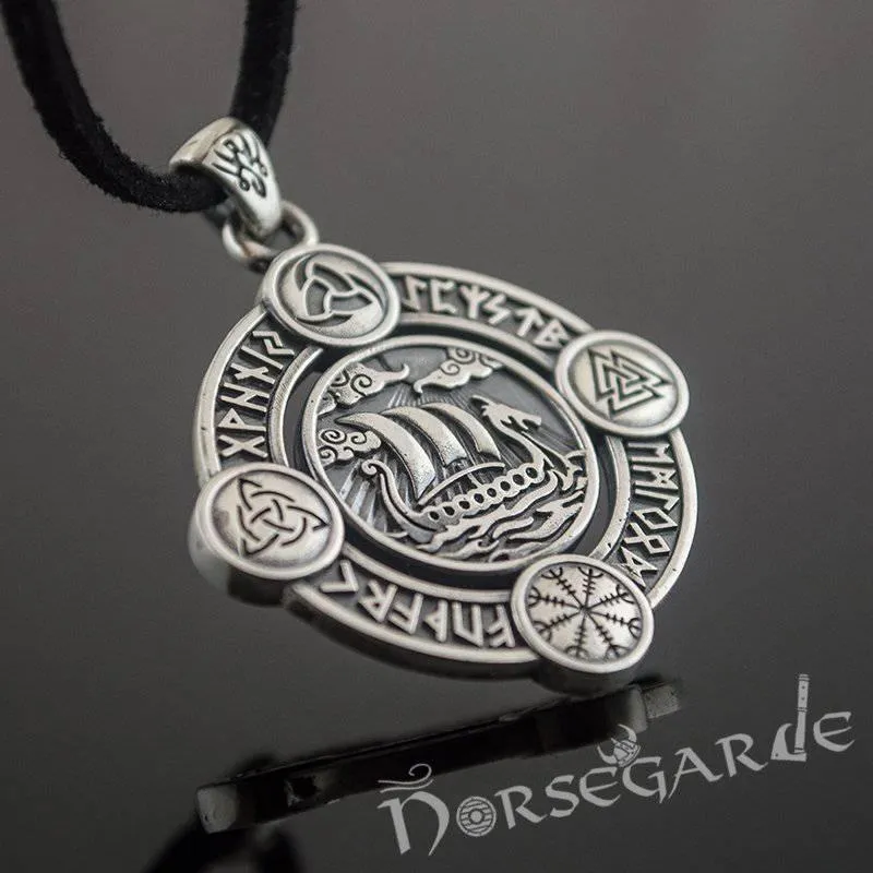 Handcrafted Rune Circle with Viking Drakkar - Sterling Silver