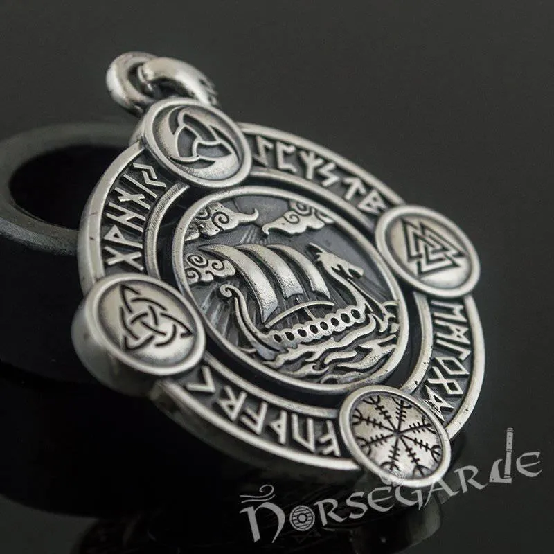 Handcrafted Rune Circle with Viking Drakkar - Sterling Silver