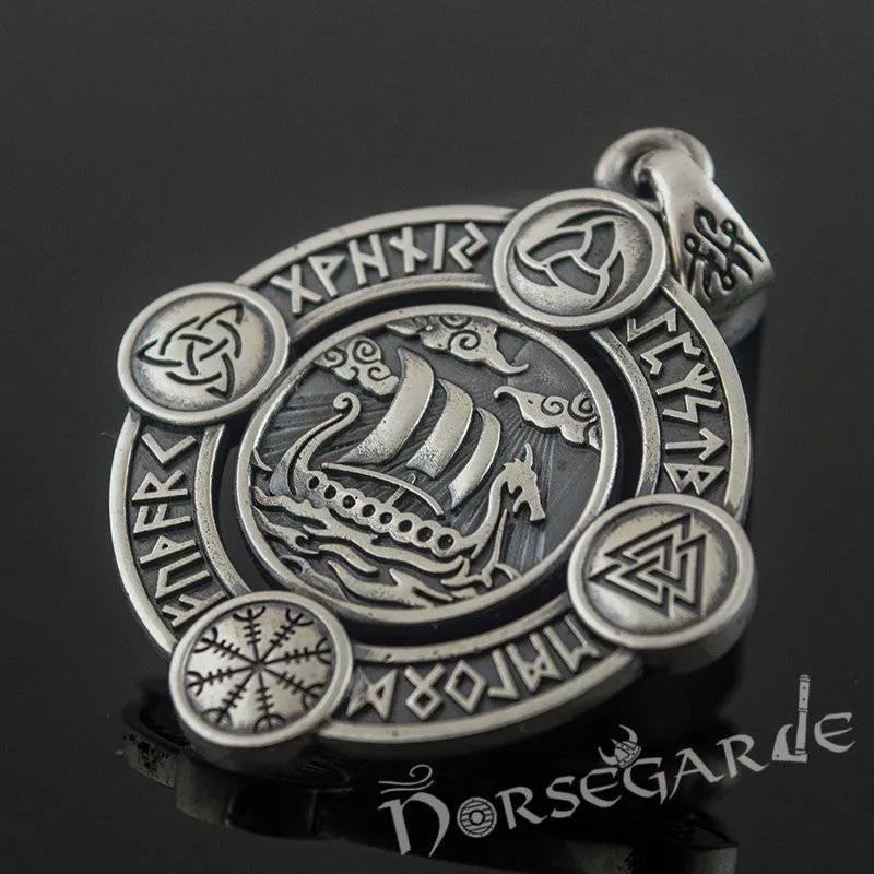 Handcrafted Rune Circle with Viking Drakkar - Sterling Silver