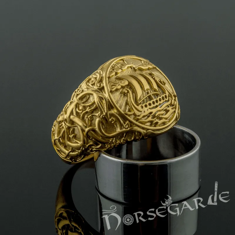 Handcrafted Urnes Style Drakkar Ring - Gold