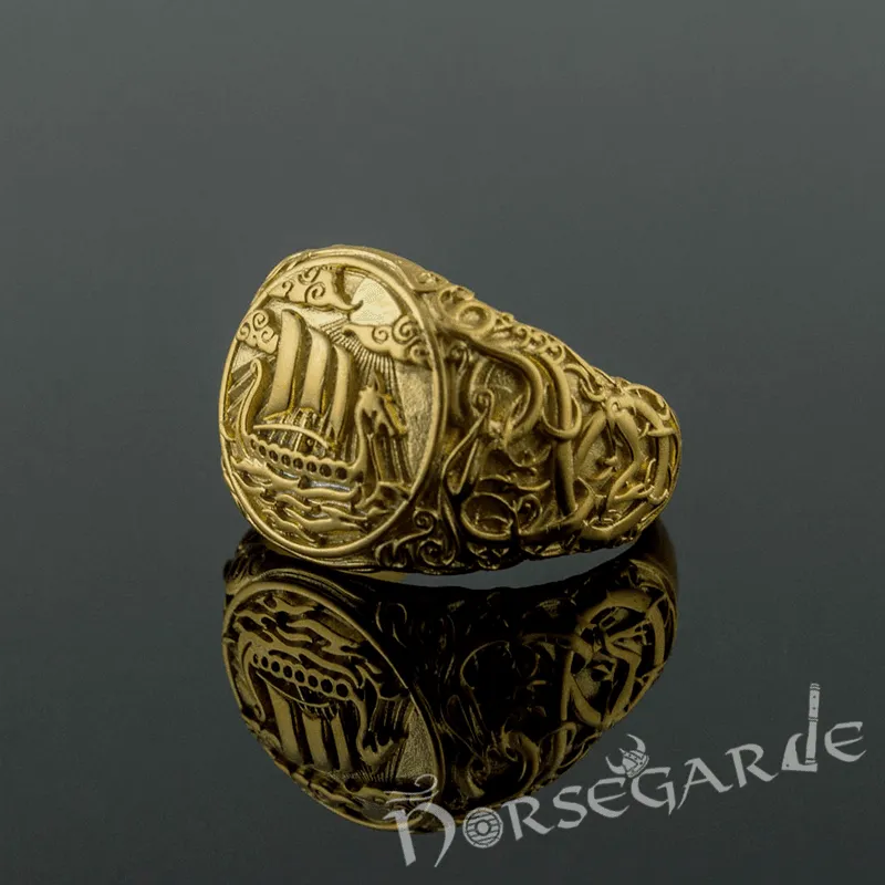 Handcrafted Urnes Style Drakkar Ring - Gold