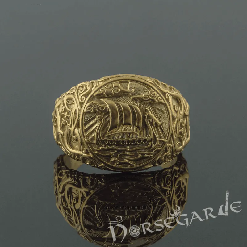 Handcrafted Urnes Style Drakkar Ring - Gold