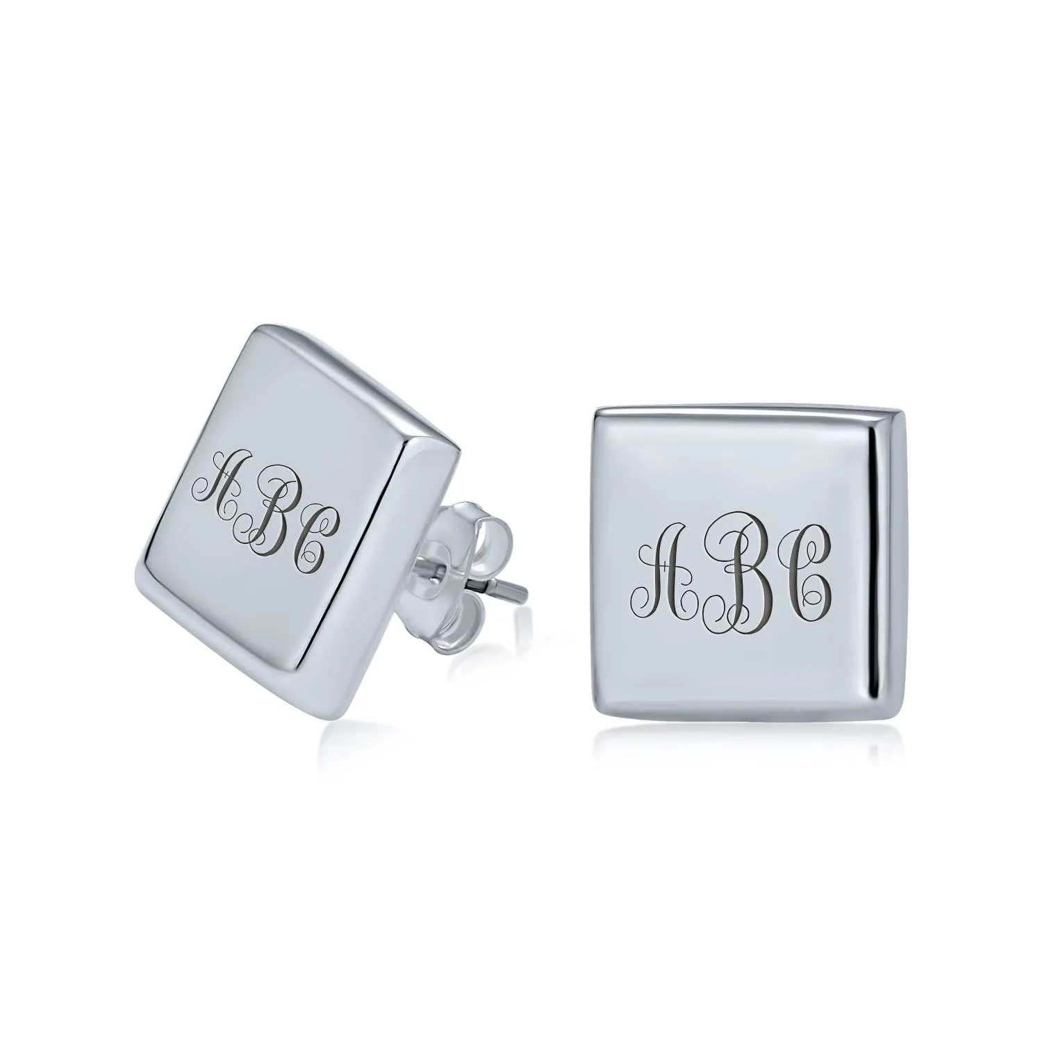 Initials Monogram Alphabet Square Round Flat Stud Earrings .925 Silver