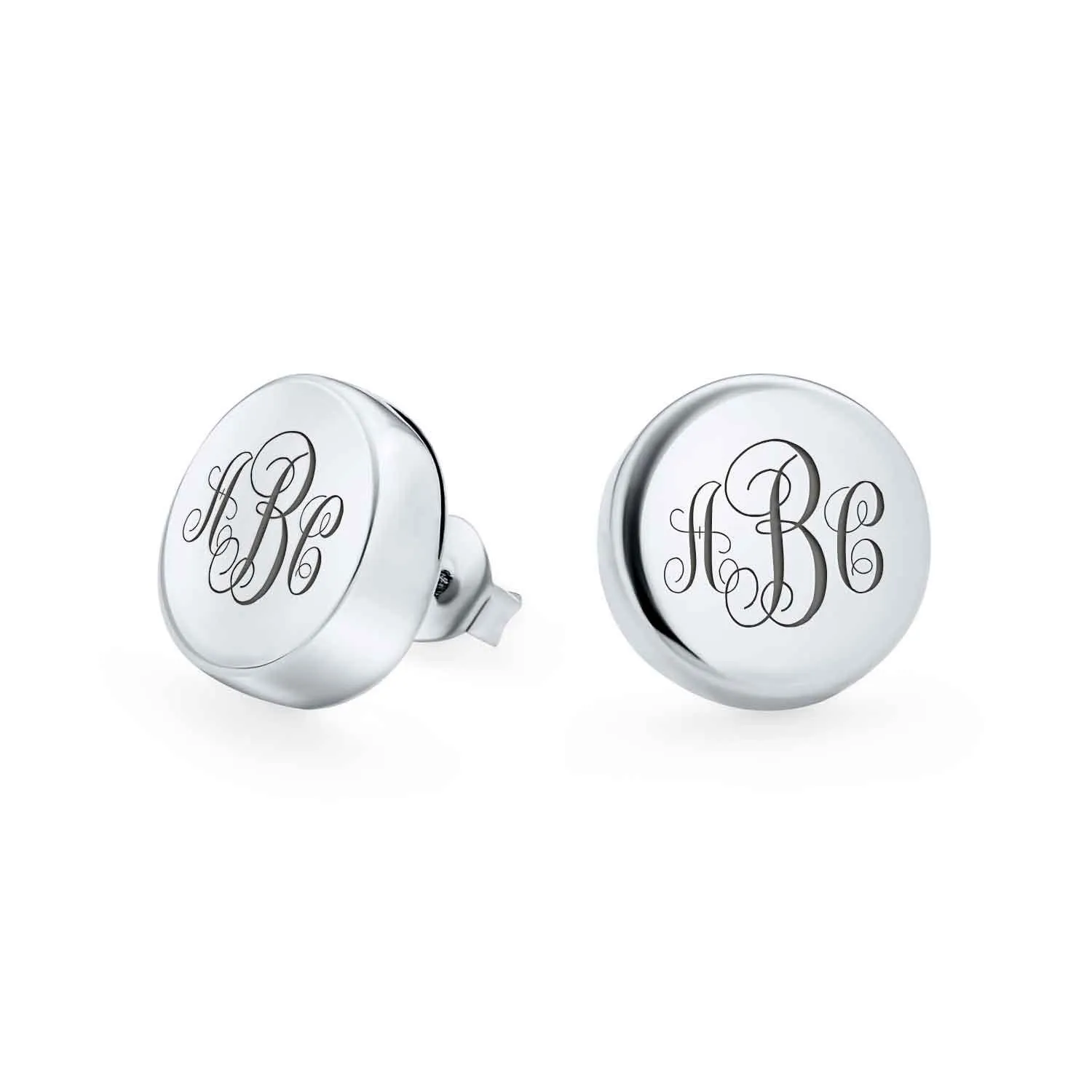 Initials Monogram Alphabet Square Round Flat Stud Earrings .925 Silver