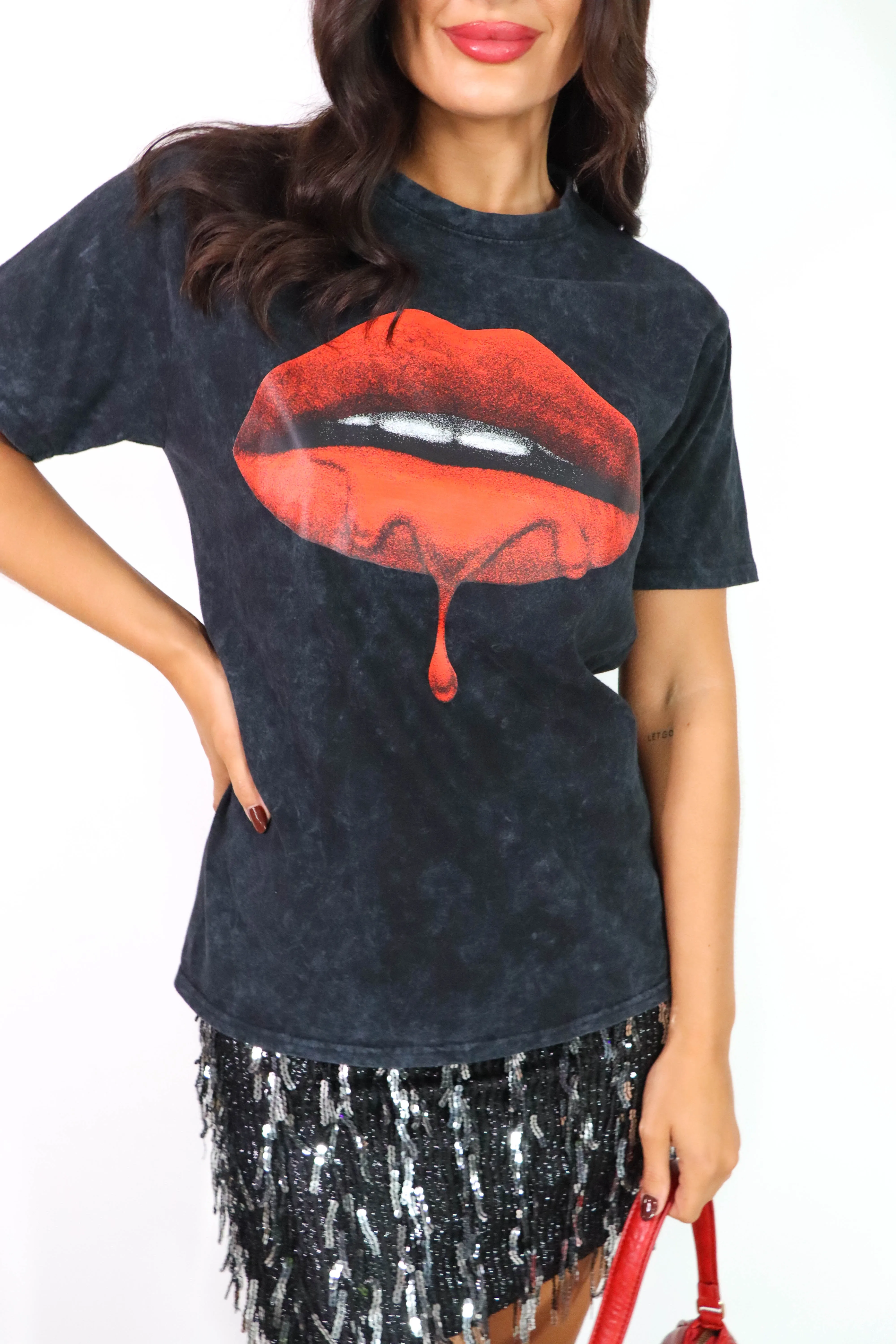 Kiss And Tell - Acid Wash Red Lips Graphic T-Shirt