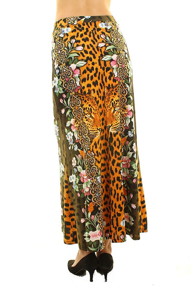 Leopard Floral Print Fashion Maxi Skirt