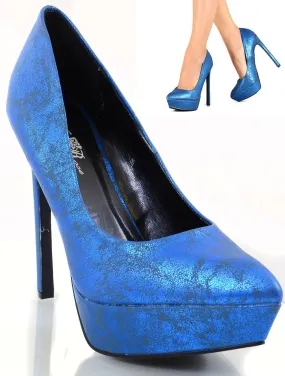 Metallic Blue Pointy Toe Platform Stiletto Pumps