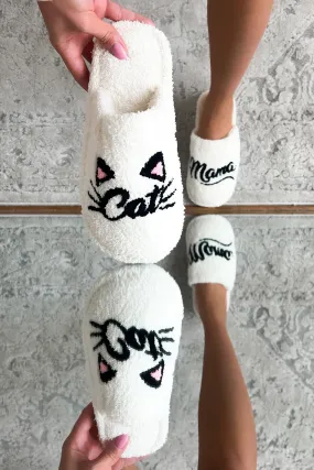 "Cat Mama" Fuzzy Slippers (White)