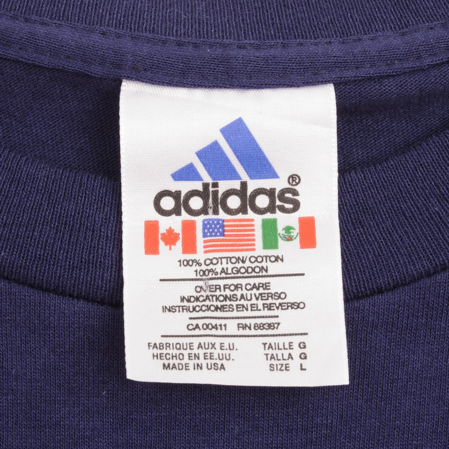 VINTAGE ADIDAS SPELLOUT 1990S NAVY BLUE TEE SHIRT SIZE LARGE MADE IN USA