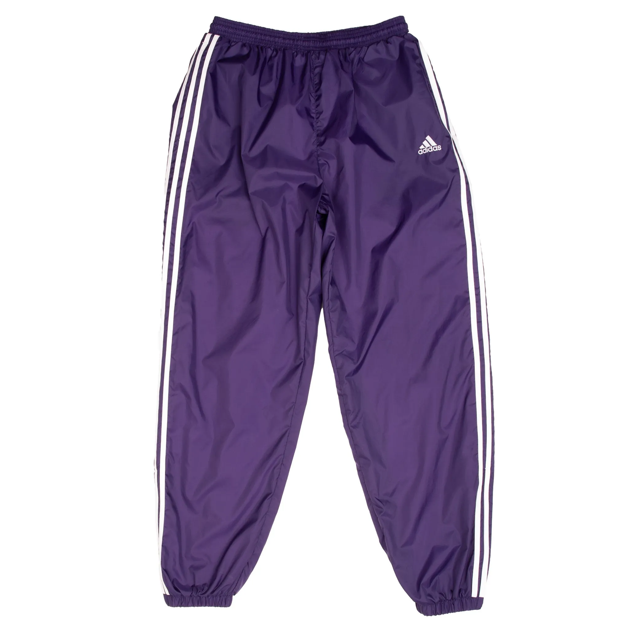 VINTAGE ADIDAS THREE STRIPES PURPLE NYLON TRACK PANTS 1990S SIZE LARGE